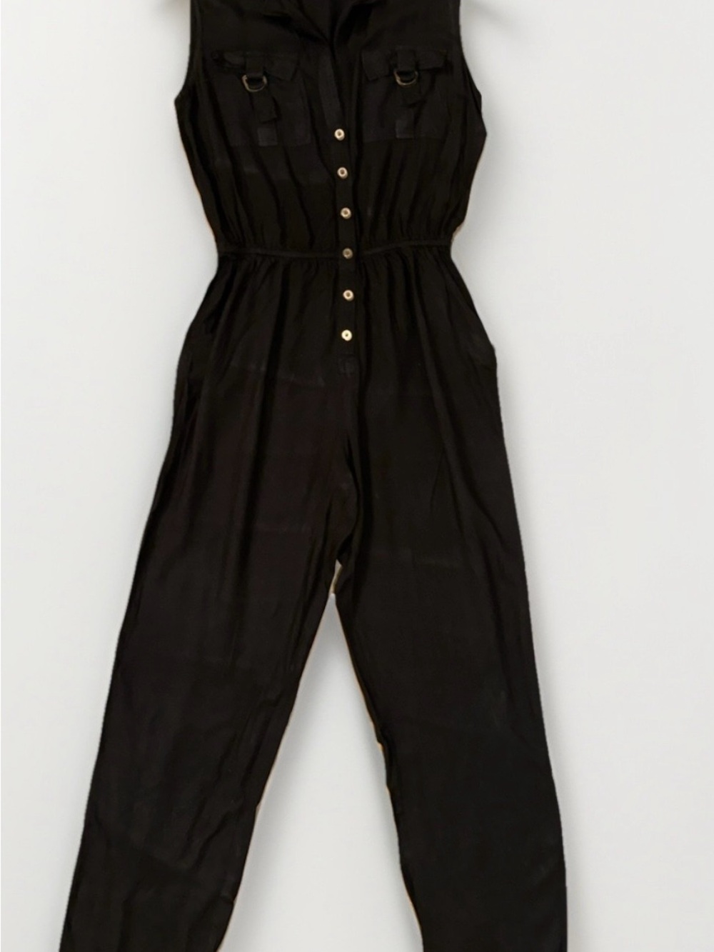 Sleeveless Black Button-Front Utility Jumpsuit
